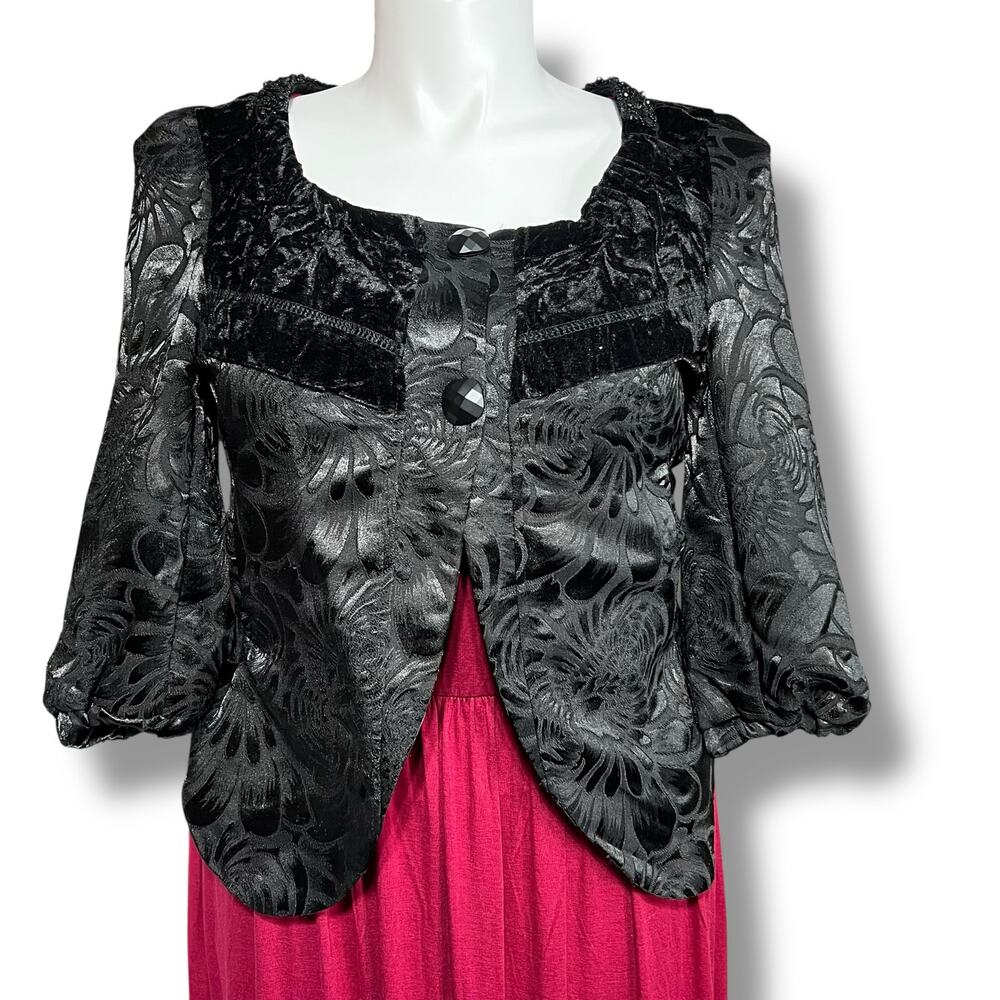 Y2K BKE Boutique Womens Blazer Suit Jacket Crushed Velvet Lace Beaded Black Tan